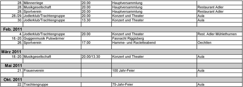 00 Konzert und Theater Rest. Adler Mühlethurnen 18.-20. Guggenmusik Pulswärmer Fasnacht Riggisberg 26. Sportverein 17.