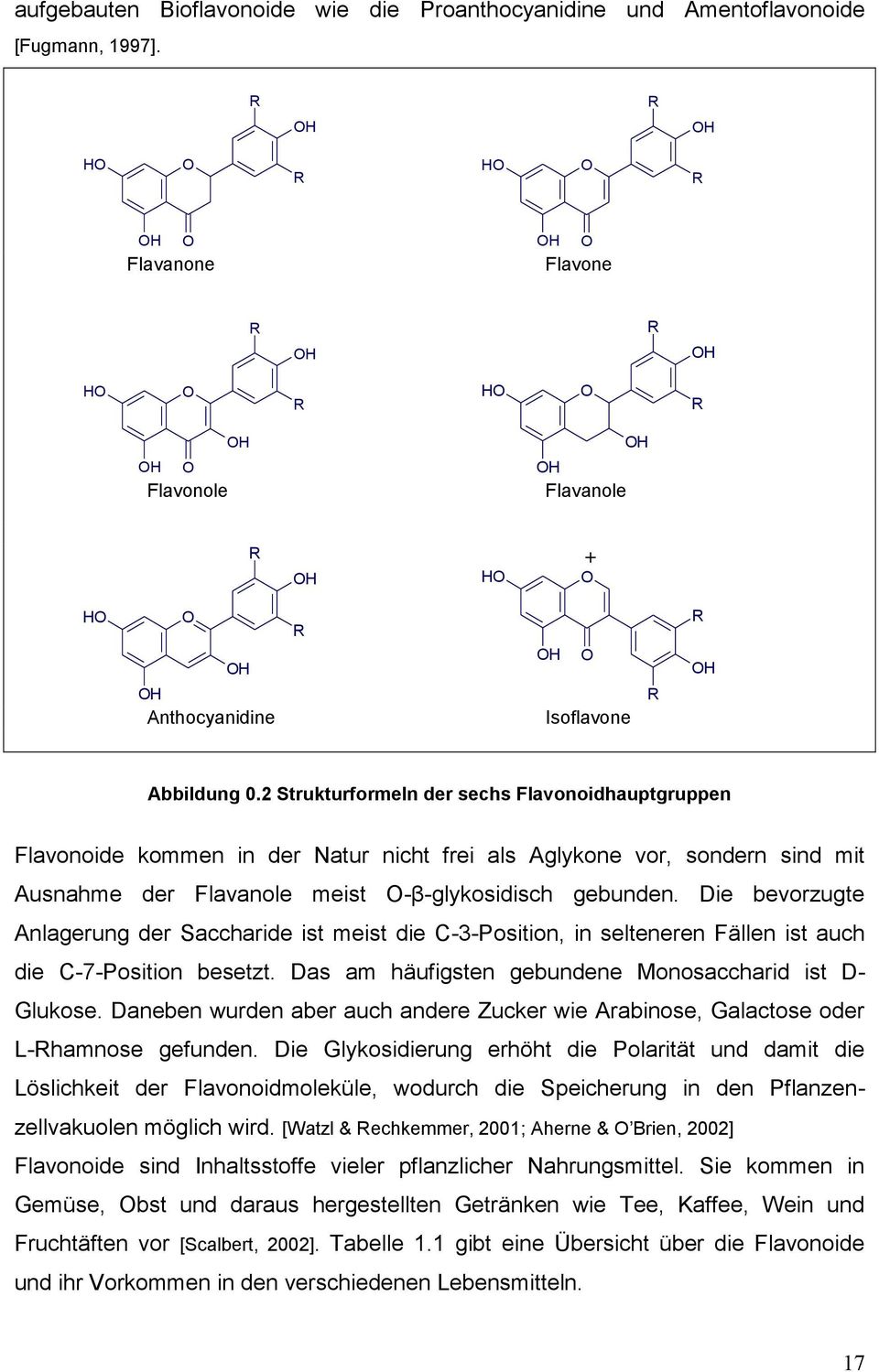2 Strukturformeln der sechs Flavonoidhauptgruppen Flavonoide kommen in der Natur nicht frei als Aglykone vor, sondern sind mit Ausnahme der Flavanole meist O-β-glykosidisch gebunden.