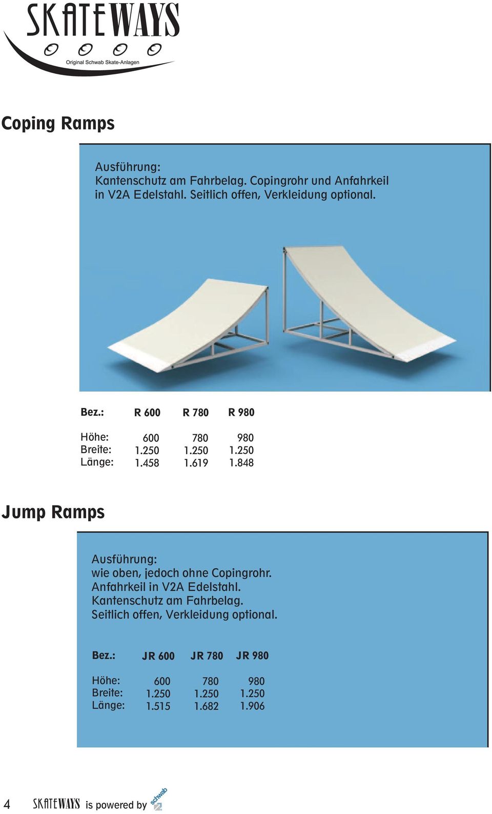 848 Jump Ramps wie oben, jedoch ohne Copingrohr. Anfahrkeil in V2A Edelstahl.