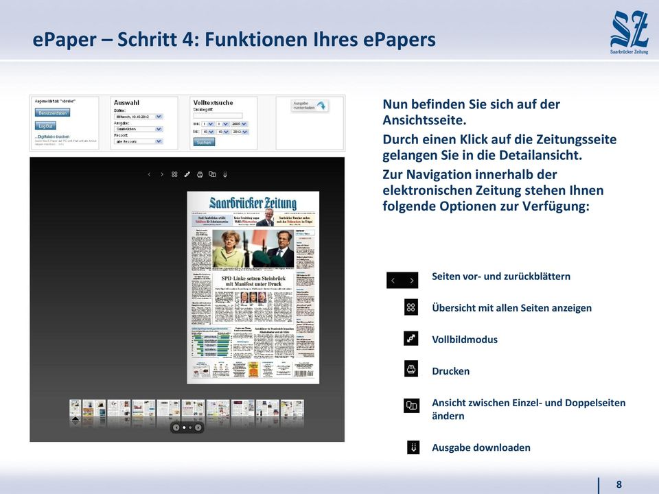 Zur Navigation innerhalb der elektronischen Zeitung stehen Ihnen folgende Optionen zur Verfügung: Seiten