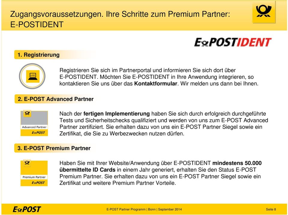 E-POST Premium Partner Nach der fertigen Implementierung haben Sie sich durch erfolgreich durchgeführte Tests und Sicherheitschecks qualifiziert und werden von uns zum E-POST Advanced Partner