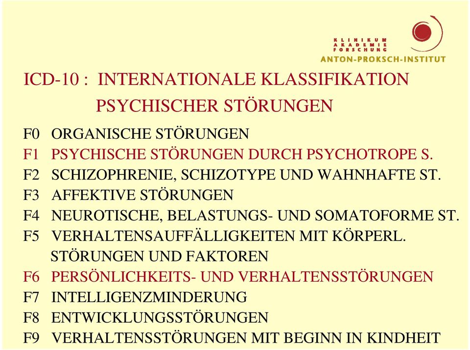 F3 AFFEKTIVE STÖRUNGEN F4 NEUROTISCHE, BELASTUNGS- UND SOMATOFORME ST. F5 VERHALTENSAUFFÄLLIGKEITEN MIT KÖRPERL.