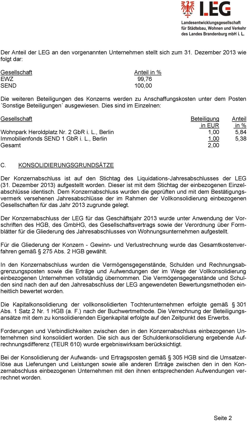 Dies sind im Einzelnen: Gesellschaft Beteiligung in EUR Anteil in % Wohnpark Heroldplatz Nr. 2 GbR i. L., Berlin 1,00 5,84 Immobilienfonds SEND 1 GbR i. L., Berlin 1,00 5,38 Gesamt 2,00 C.