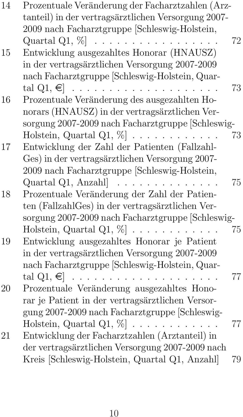 ................... 73 16 Prozentuale Veränderung des ausgezahlten Honorars (HNAUSZ) in der vertragsärztlichen Versorgung 2007-2009 nach Facharztgruppe [Schleswig- Holstein, Quartal Q1, %].