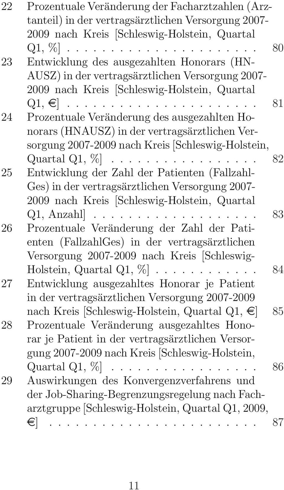..................... 81 24 Prozentuale Veränderung des ausgezahlten Honorars (HNAUSZ) in der vertragsärztlichen Versorgung 2007-2009 nach Kreis [Schleswig-Holstein, Quartal Q1, %].