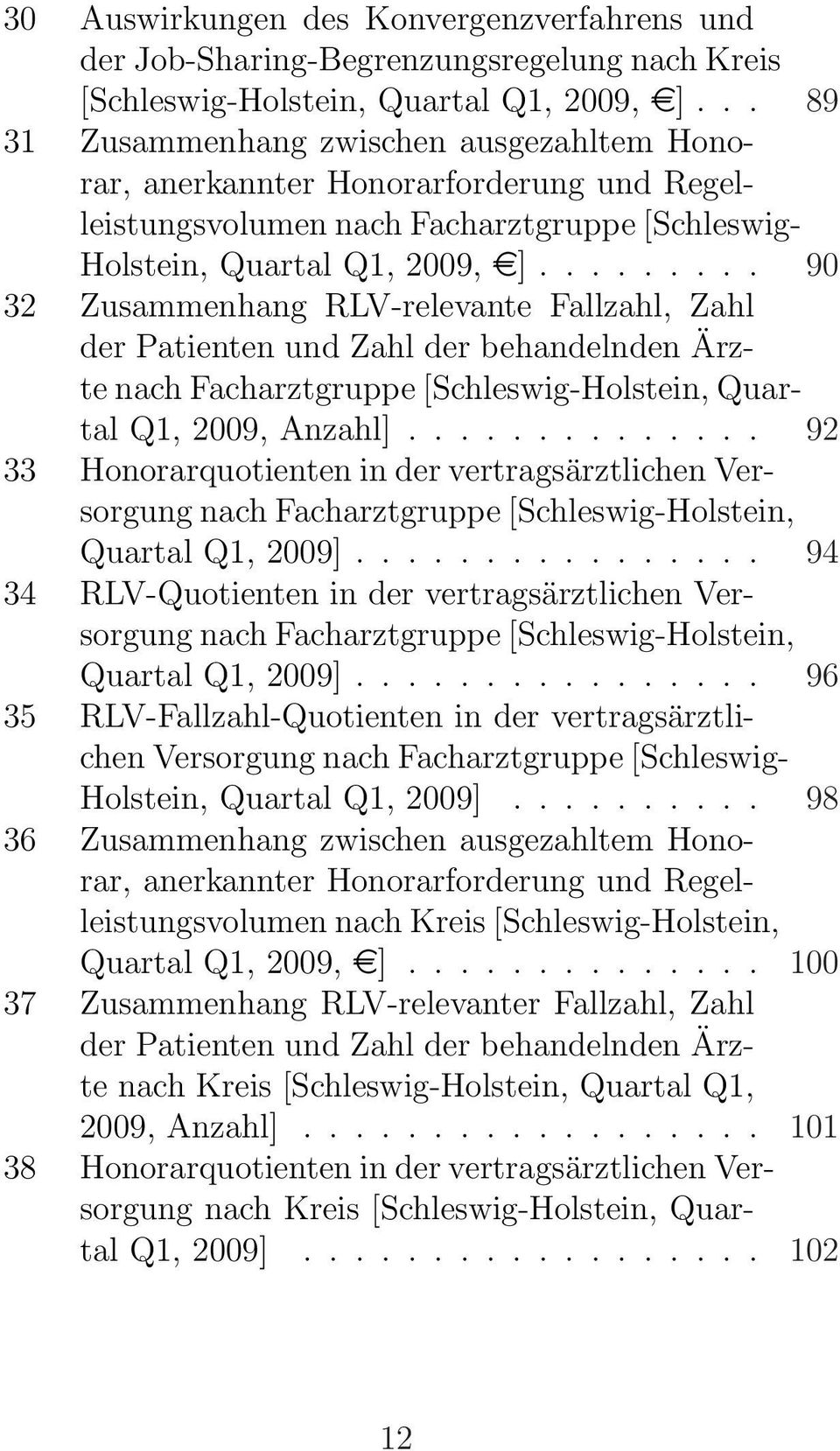 ........ 90 32 Zusammenhang RLV-relevante Fallzahl, Zahl der Patienten und Zahl der behandelnden Ärzte nach Facharztgruppe [Schleswig-Holstein, Quartal Q1, 2009, Anzahl].