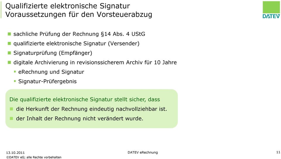 revisionssicherem Archiv für 10 Jahre erechnung und Signatur Signatur-Prüfergebnis Die qualifizierte elektronische Signatur