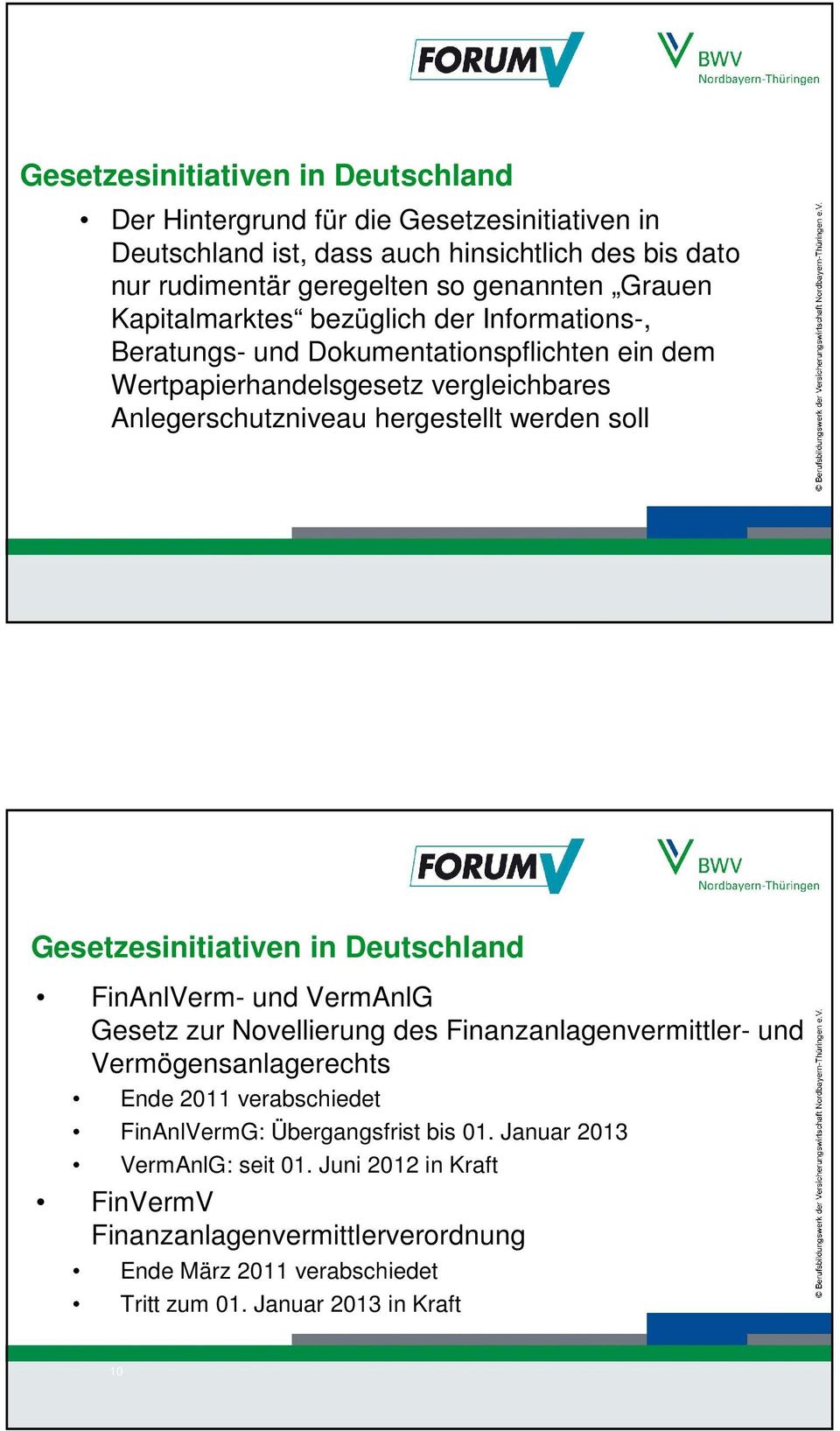 November 2012 9 Gesetzesinitiativen in Deutschland FinAnlVerm- und VermAnlG Gesetz zur Novellierung des Finanzanlagenvermittler- und Vermögensanlagerechts Ende 2011 verabschiedet
