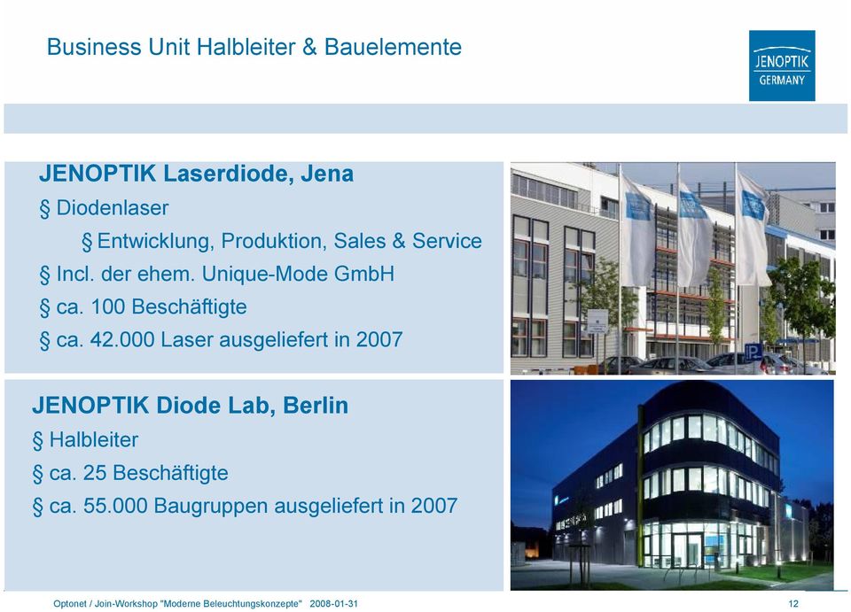 000 Laser ausgeliefert in 2007 JENOPTIK Diode Lab, Berlin Halbleiter ca. 25 Beschäftigte ca.