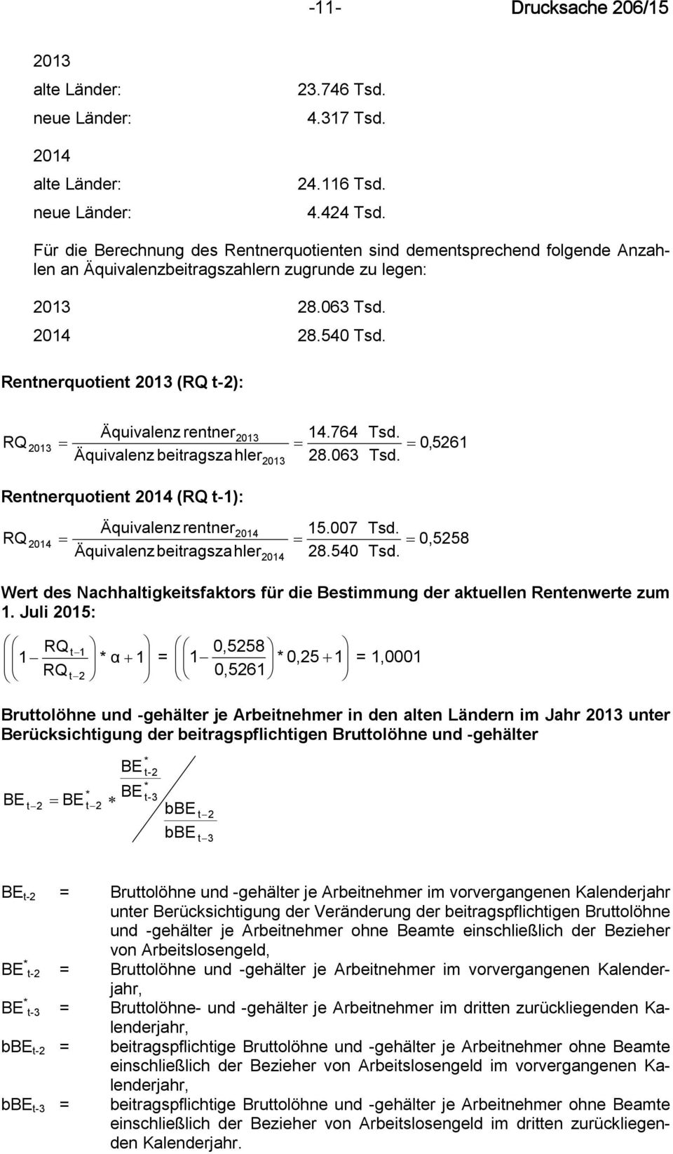 Rentnerquotient 2013 (RQ t-2): RQ Äquivalenzrentner2013 = Äquivalenz beitragsza hler2013 2013 = 14.764 28.063 Tsd. = 0,5261 Tsd.