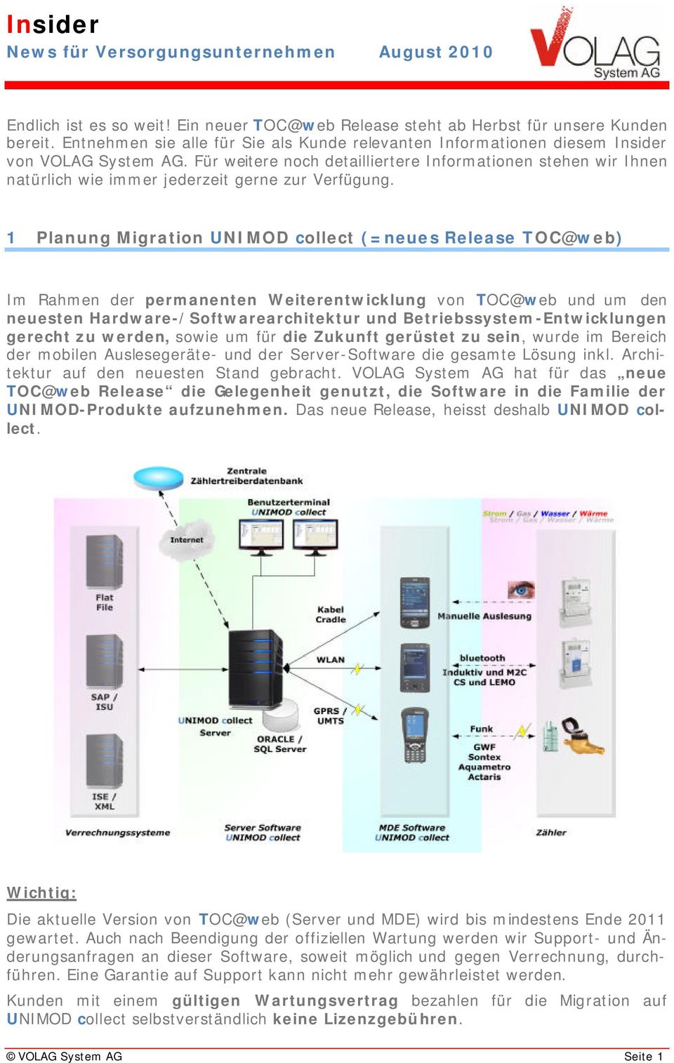 1 Planung Migration UNIMOD collect (=neues Release TOC@web) Im Rahmen der permanenten Weiterentwicklung von TOC@web und um den neuesten Hardware-/Softwarearchitektur und Betriebssystem-Entwicklungen