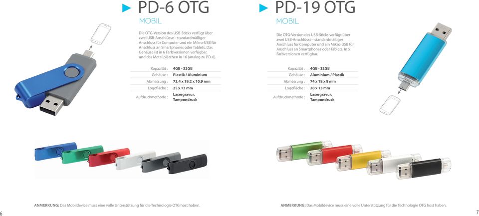 Die OTG-Version des USB-Sticks verfügt über zwei USB-Anschlüsse - standardmäßiger Anschluss für Computer und ein Mikro-USB für Anschluss an Smartphones oder Tablets.