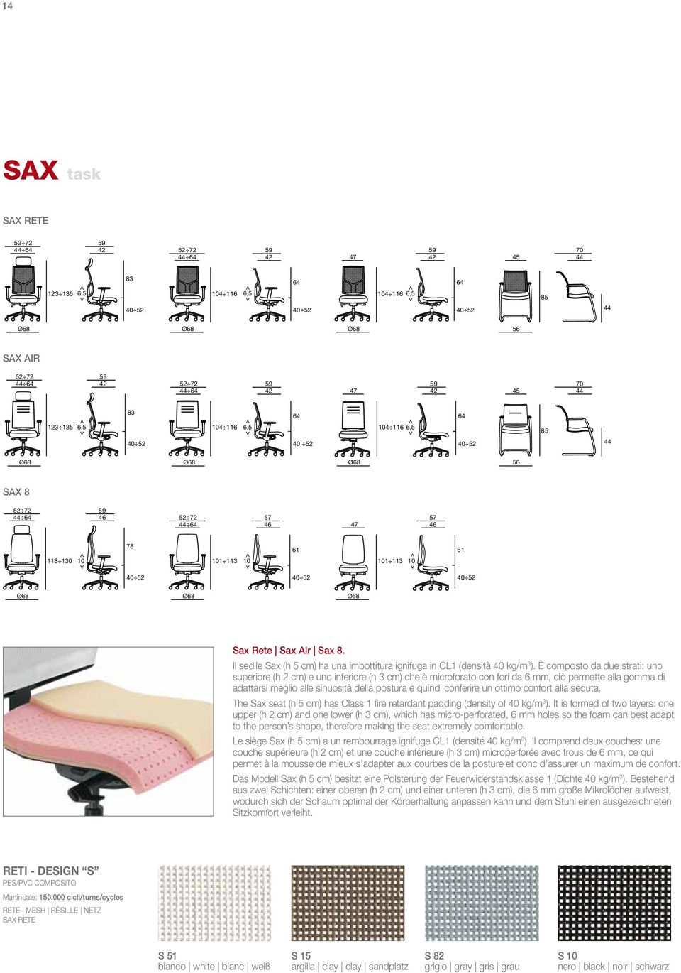 Rete Sax Air Sax 8. Il sedile Sax (h 5 cm) ha una imbottitura ignifuga in CL1 (densità 40 kg/m 3 ).