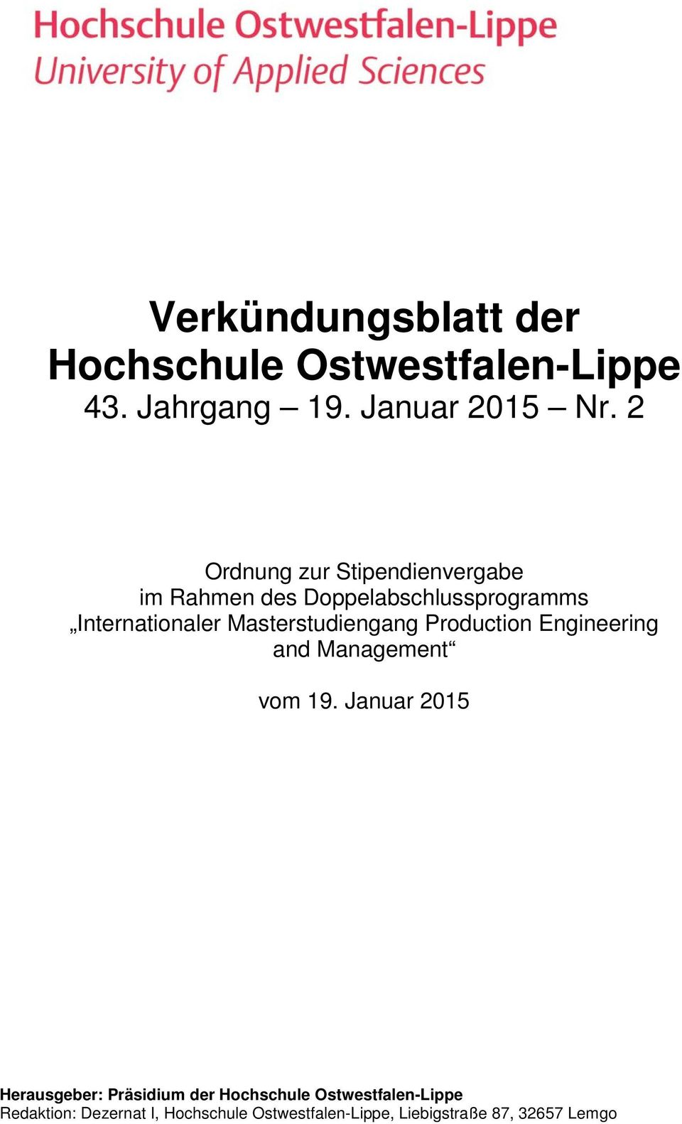 Masterstudiengang Production Engineering and Management vom 19.
