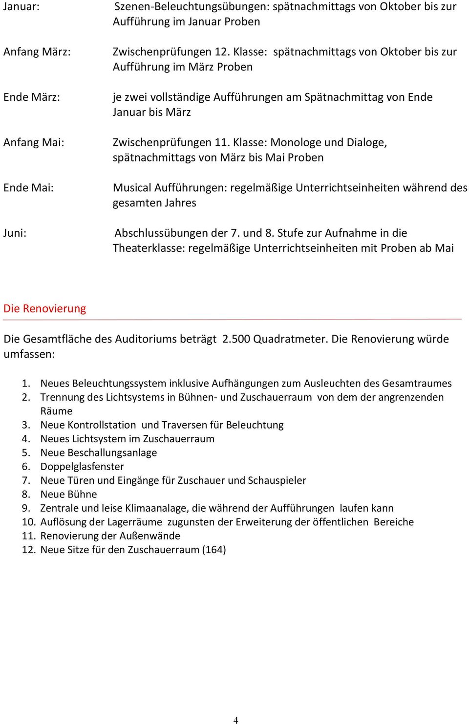 Klasse: Monologe und Dialoge, spätnachmittags von März bis Mai Proben Musical Aufführungen: regelmäßige Unterrichtseinheiten während des gesamten Jahres Abschlussübungen der 7. und 8.