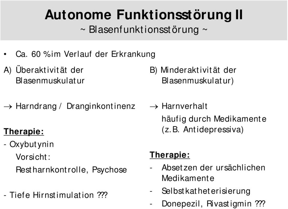 Blasenmuskulatur) Harndrang / Dranginkontinenz -Oxybutynin Vorsicht: Restharnkontrolle, Psychose - Tiefe