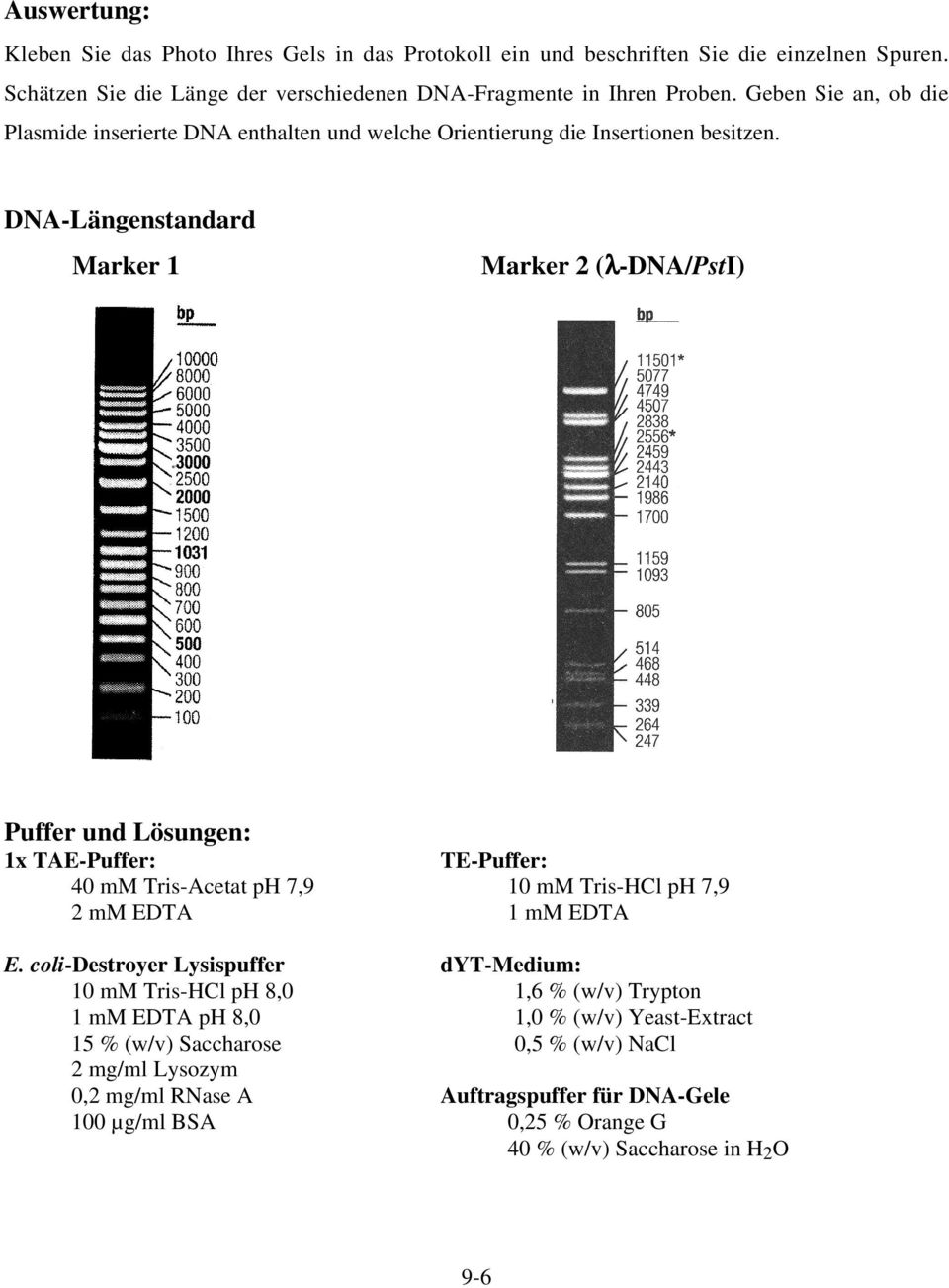 DNA-Längenstandard Marker 1 Marker 2 (λ-dna/psti) Puffer und Lösungen: 1x TAE-Puffer: TE-Puffer: 40 mm Tris-Acetat ph 7,9 10 mm Tris-HCl ph 7,9 2 mm EDTA 1 mm EDTA E.