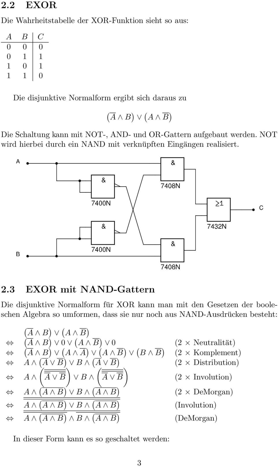 3 EXOR mit NAND-Gattern Die disjunktive Normalform für XOR kann man mit den Gesetzen der booleschen Algebra so umformen, dass sie nur noch aus NAND-Ausdrücken besteht: ( A B ) ( A B ) ( A B ) 0