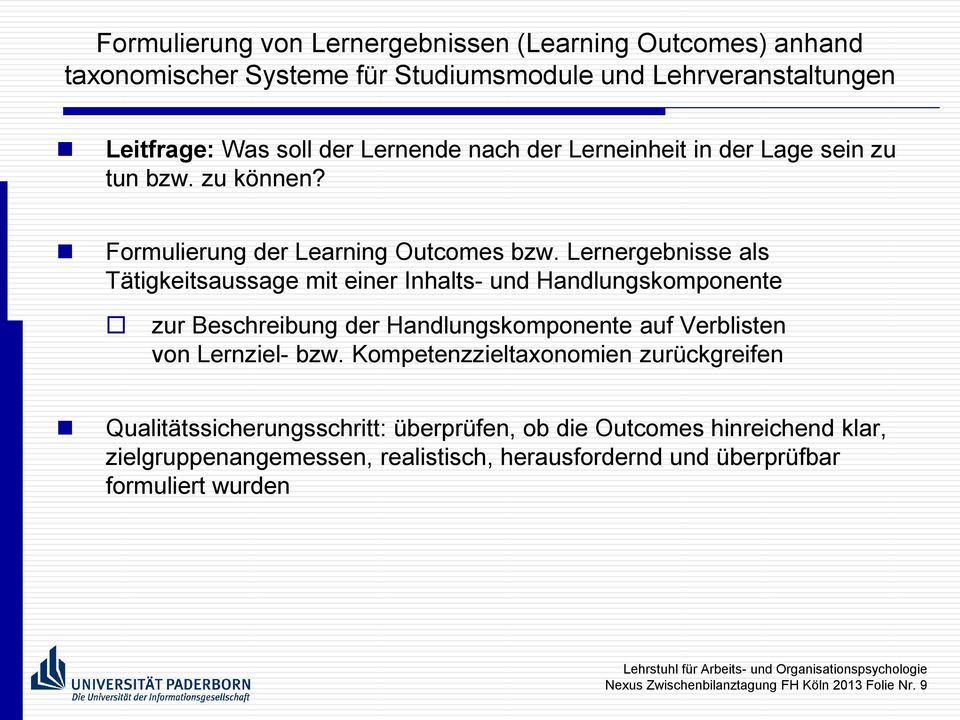 Lernergebnisse als Tätigkeitsaussage mit einer Inhalts- und Handlungskomponente zur Beschreibung der Handlungskomponente auf Verblisten von Lernziel- bzw.