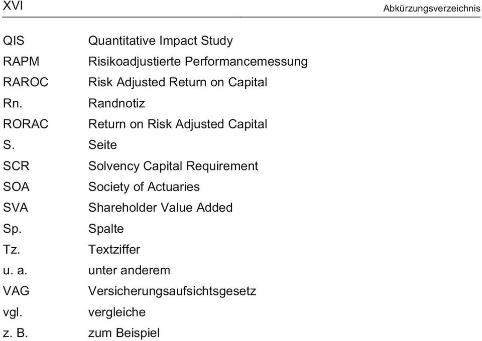 Seite SCR Solvency Capital Requirement SOA Society of Actuaries SVA Shareholder Value Added Sp.