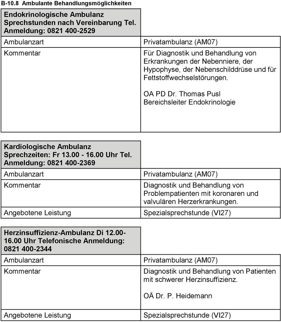 Thomas Pusl Bereichsleiter Endokrinologie Kardiologische Ambulanz Sprechzeiten: Fr 13.00-16.