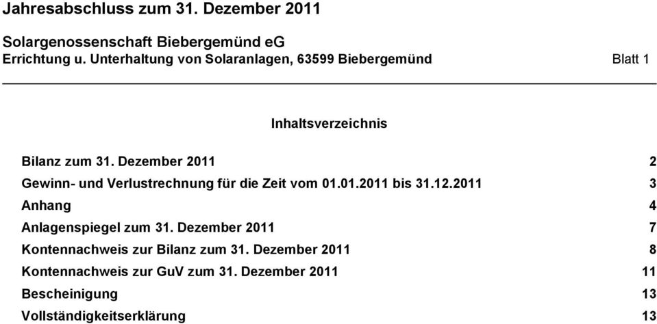 Dezember 2011 2 Gewinn- und Verlustrechnung für die Zeit vom 01.01.2011 bis 31.12.