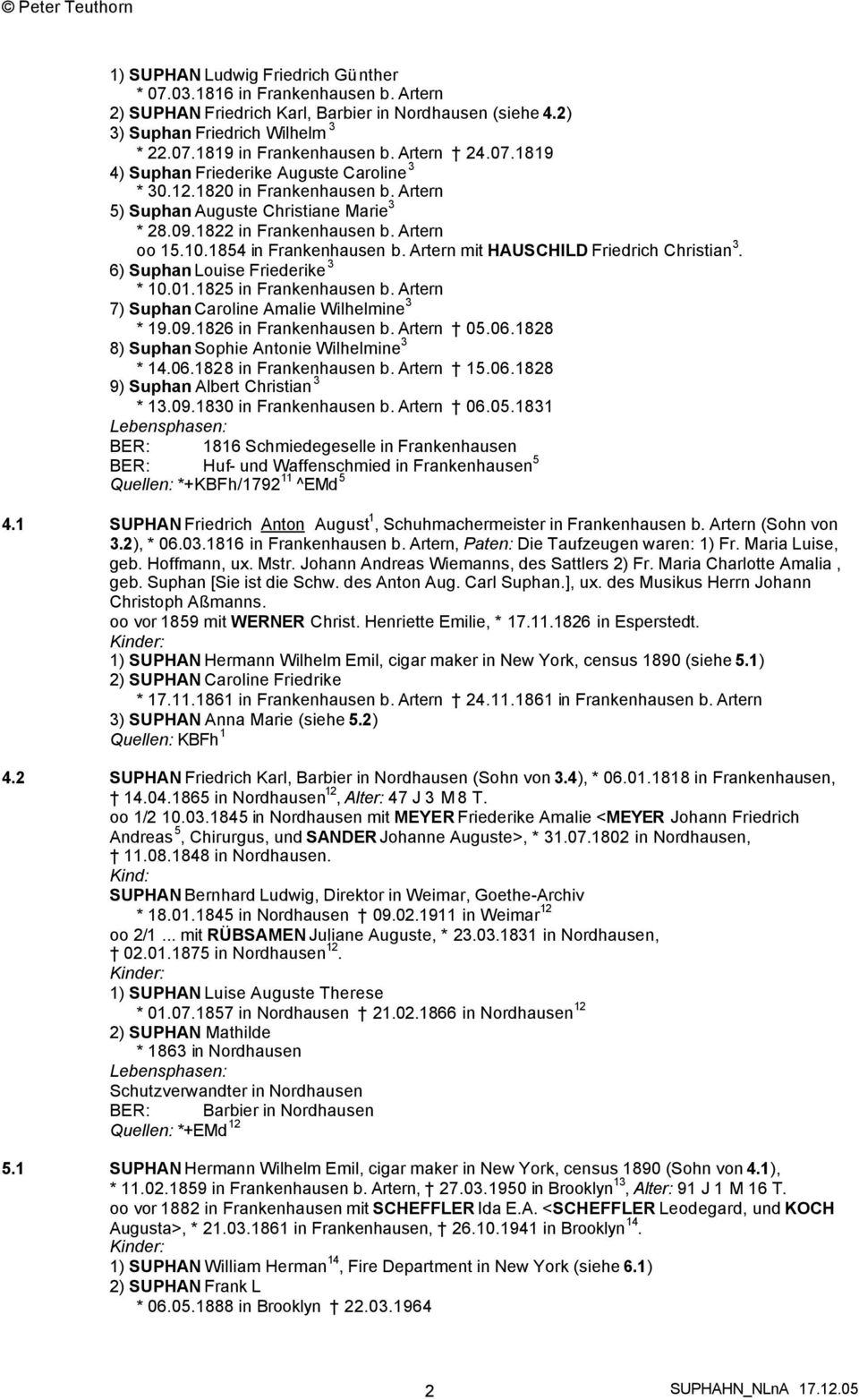 1854 in Frankenhausen b. Artern mit HAUSCHILD Friedrich Christian 3. 6) Suphan Louise Friederike 3 * 10.01.1825 in Frankenhausen b. Artern 7) Suphan Caroline Amalie Wilhelmine 3 * 19.09.