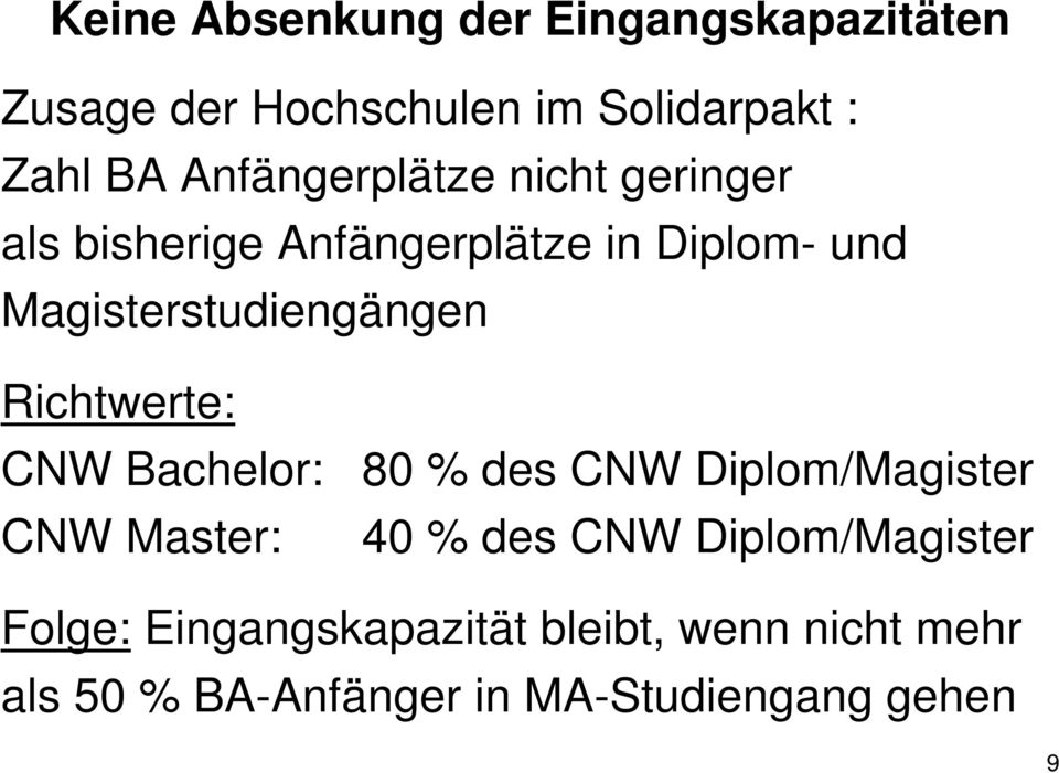 Magisterstudiengängen Richtwerte: CNW Bachelor: 80 % des CNW Diplom/Magister CNW Master: 40 %