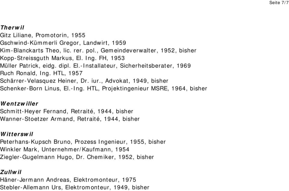 HTL, Projektingenieur MSRE, 1964, bisher Wentzwiller Schmitt-Heyer Fernand, Retraité, 1944, bisher Wanner-Stoetzer Armand, Retraité, 1944, bisher Witterswil Peterhans-Kupsch Bruno, Prozess Ingenieur,