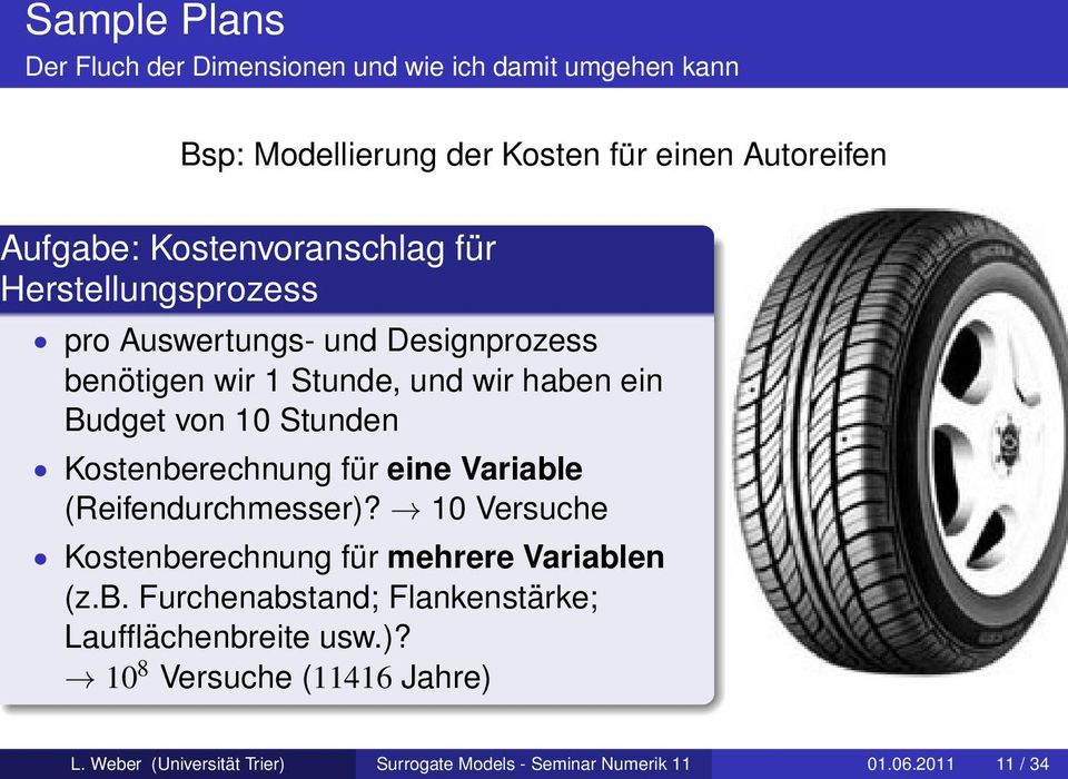 Kostenberechnung für eine Variable (Reifendurchmesser)? 10 Versuche Kostenberechnung für mehrere Variablen (z.b. Furchenabstand; Flankenstärke; Laufflächenbreite usw.