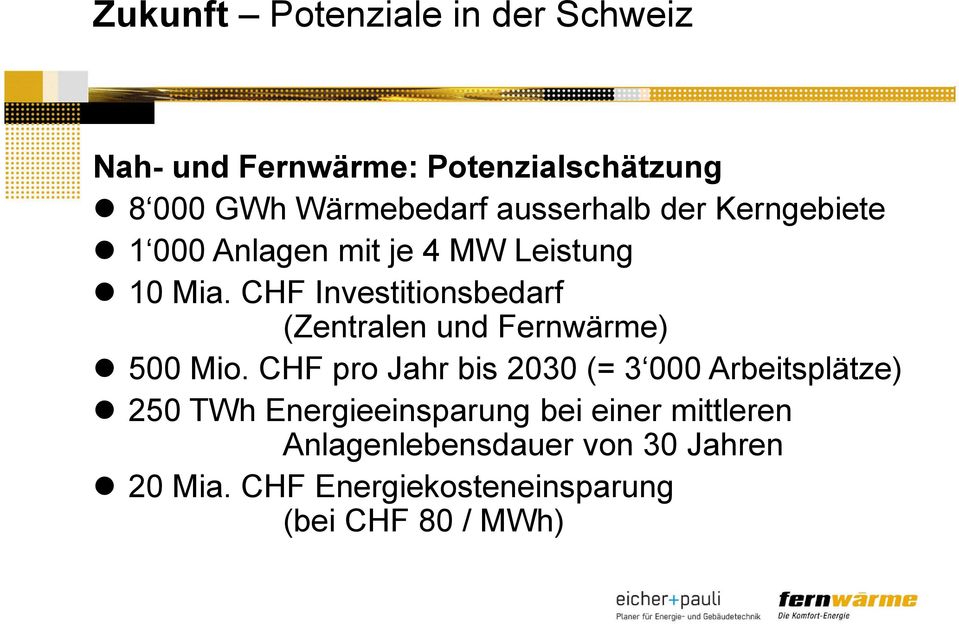 CHF Investitionsbedarf (Zentralen und Fernwärme) 500 Mio.