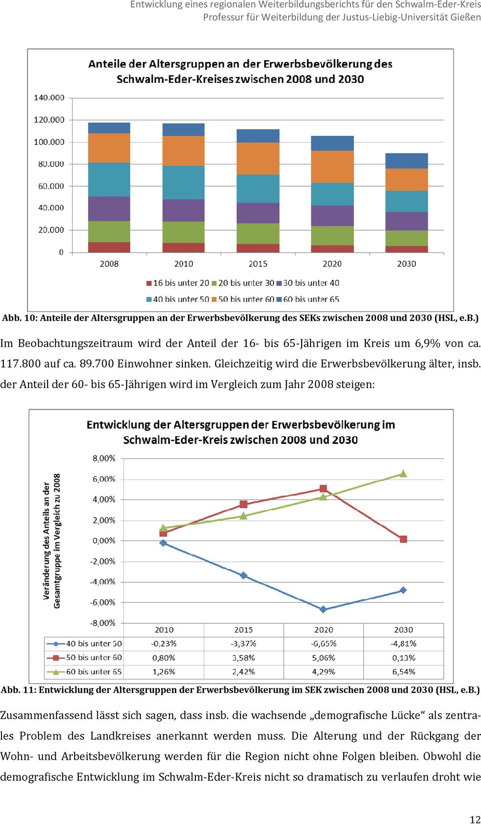 11: Entwicklung der Altersgruppen der Erwerbsbevölkerung im SEK zwischen 2008 und 2030 (HSL, e.b.) Zusammenfassend lässt sich sagen, dass insb.