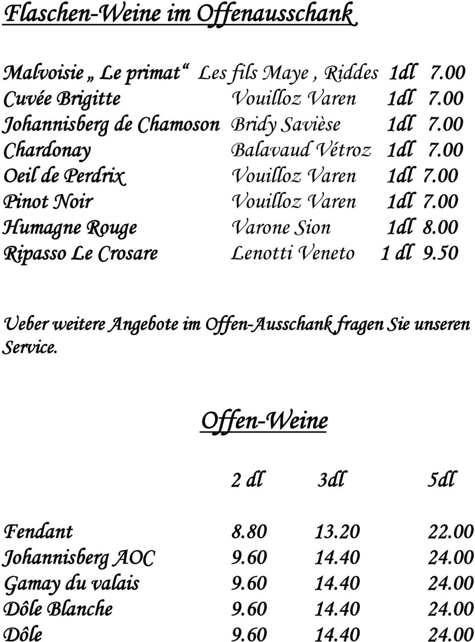 00 Pinot Noir Vouilloz Varen 1dl 7.00 Humagne Rouge Varone Sion 1dl 8.00 Ripasso Le Crosare Lenotti Veneto 1 dl 9.