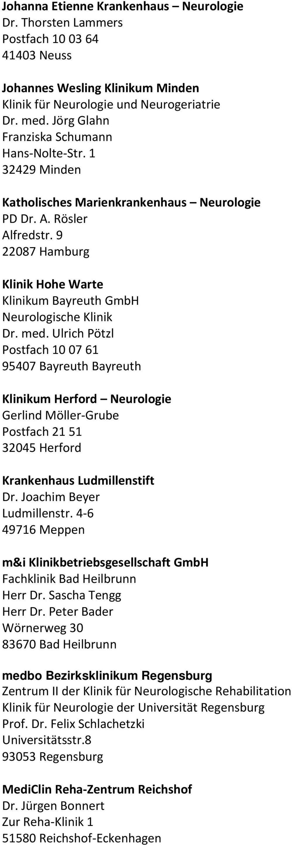 9 22087 Hamburg Klinik Hohe Warte Klinikum Bayreuth GmbH Neurologische Klinik Dr. med.