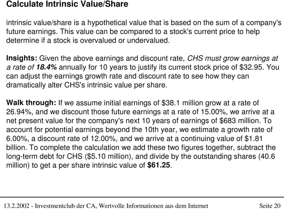 Insights: Given the above earnings and discount rate, CHS must grow earnings at a rate of 18.4% annually for 10 years to justify its current stock price of $32.95.