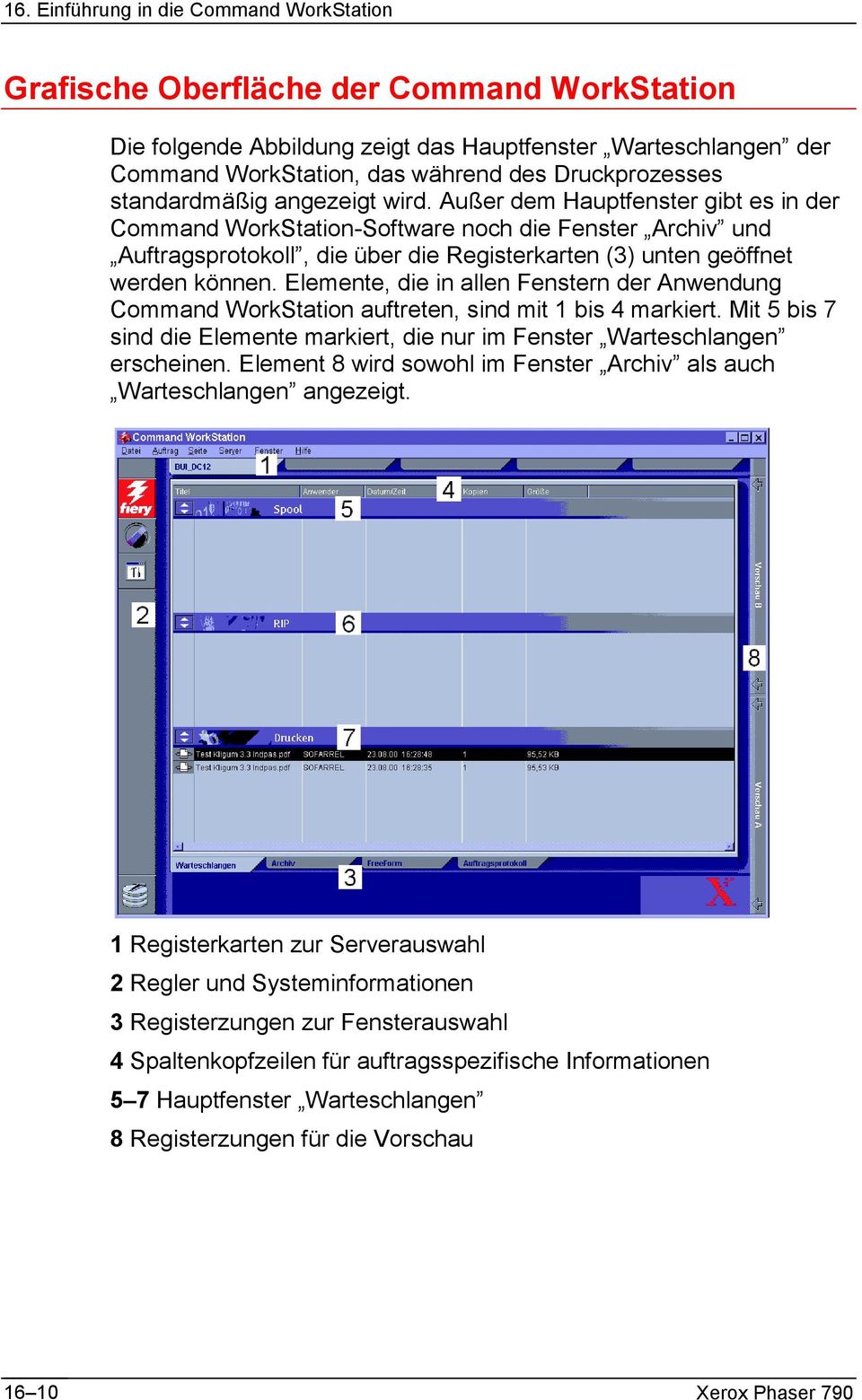 Elemente, die in allen Fenstern der Anwendung Command WorkStation auftreten, sind mit 1 bis 4 markiert. Mit 5 bis 7 sind die Elemente markiert, die nur im Fenster Warteschlangen erscheinen.