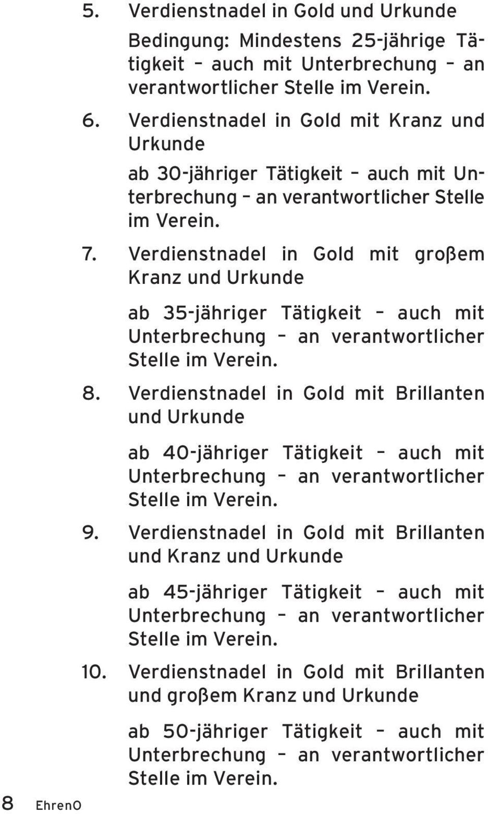 Verdienstnadel in Gold mit großem Kranz und Urkunde ab 35-jähriger Tätigkeit auch mit Unterbrechung an verantwortlicher Stelle im Verein. 8.