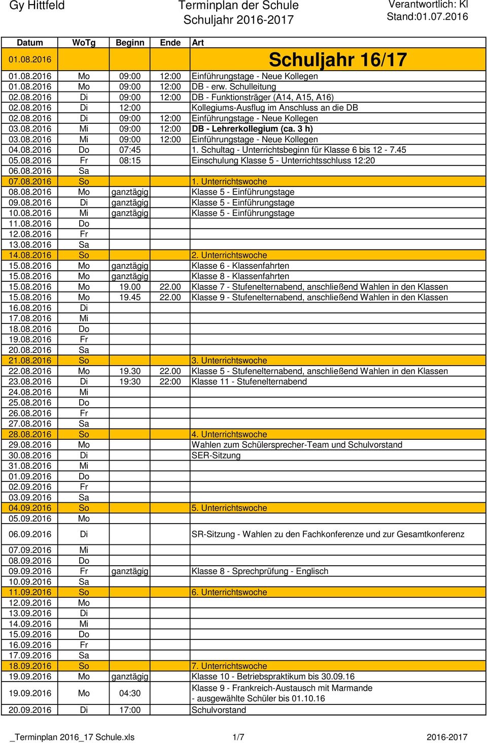 08.2016 Do 07:45 1. Schultag - Unterrichtsbeginn für Klasse 6 bis 12-7.45 05.08.2016 Fr 08:15 Einschulung Klasse 5 - Unterrichtsschluss 12:20 06.08.2016 Sa 07.08.2016 So 1. Unterrichtswoche 08.08.2016 Mo ganztägig Klasse 5 - Einführungstage 09.
