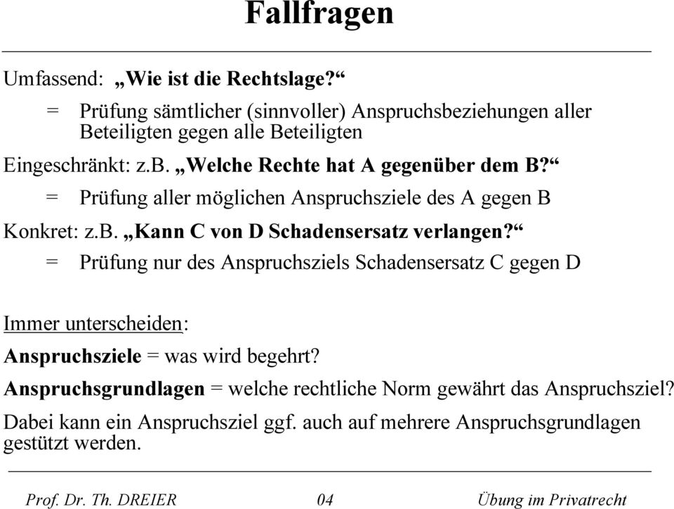 = Prüfung aller möglichen Anspruchsziele des A gegen B Konkret: z.b. Kann C von D Schadensersatz verlangen?