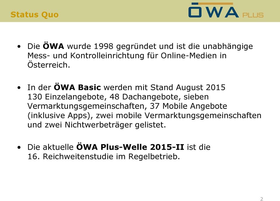 In der ÖWA Basic werden mit Stand August 2015 130 Einzelangebote, 48 Dachangebote, sieben