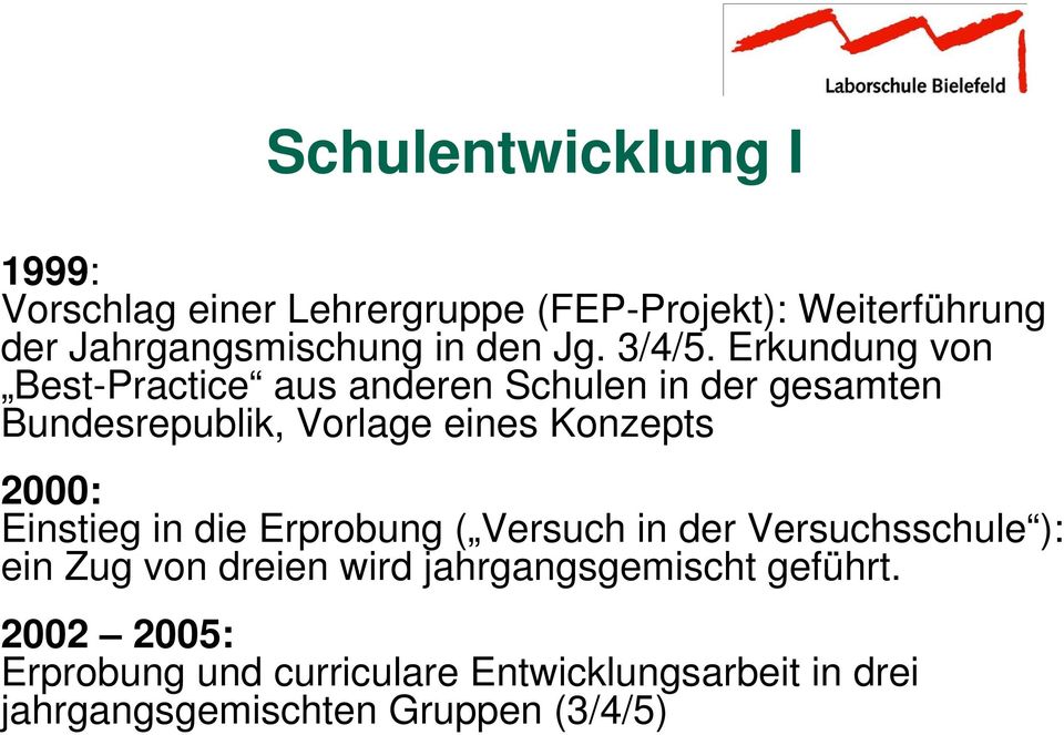 Erkundung von Best-Practice aus anderen Schulen in der gesamten Bundesrepublik, Vorlage eines Konzepts 2000: