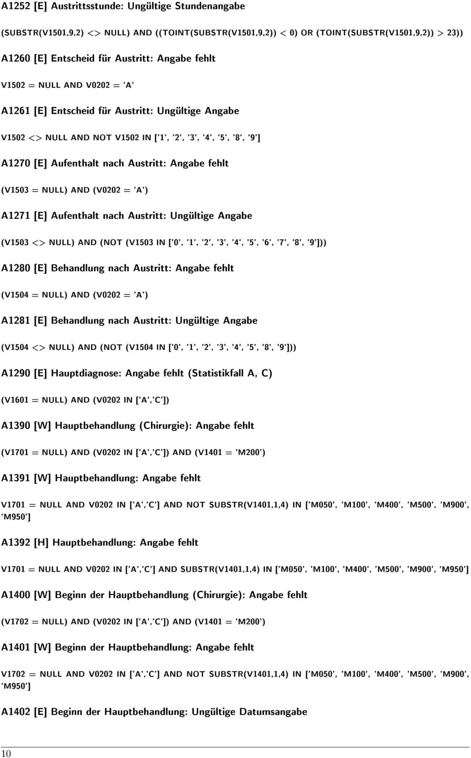 (V1503 = NULL) AND (V0202 = 'A') A1271 [E] Aufenthalt nach Austritt: Ungültige Angabe (V1503 <> NULL) AND (NOT (V1503 IN ['0', '1', '2', '3', '4', '5', '6', '7', '8', '9'])) A1280 [E] Behandlung nach