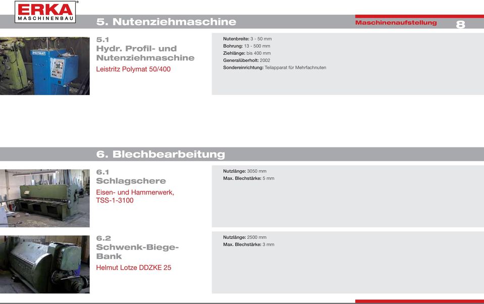 400 mm Generalüberholt: 2002 Sondereinrichtung: Teilapparat für Mehrfachnuten 6. Blechbearbeitung 6.