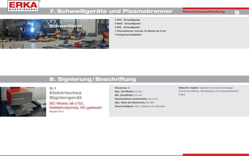 Signierung / Beschriftung 8.1 Elektrisches Signiergerät SIC-Wostor, e8-c153, Nadeldruckprinzip, NC-gesteuert Baujahr 2013 Steuerung: e8 Max.