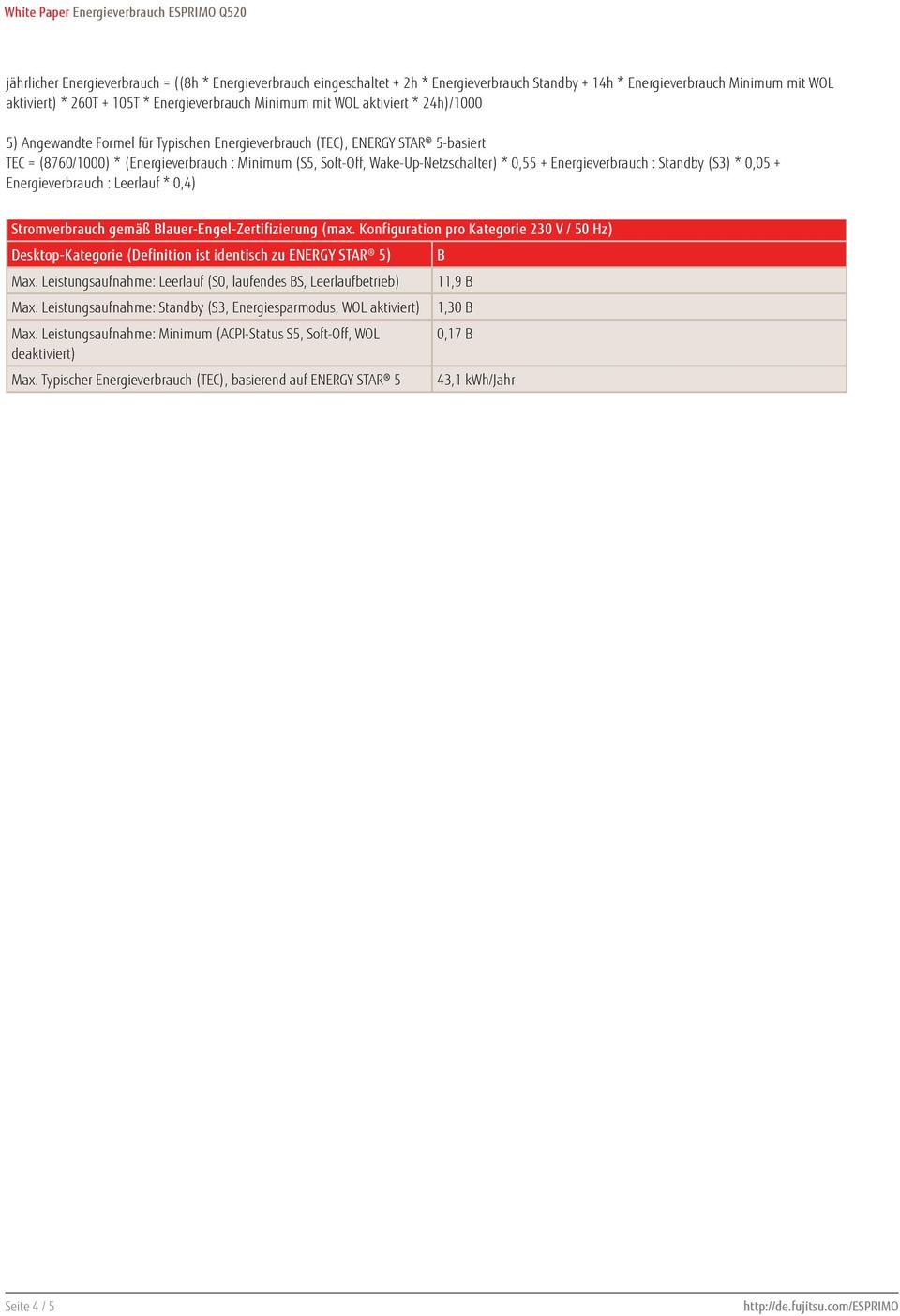 Standby (S3) * 0,05 + Energieverbrauch : Leerlauf * 0,4) Stromverbrauch gemäß Blauer-Engel-Zertifizierung (max.