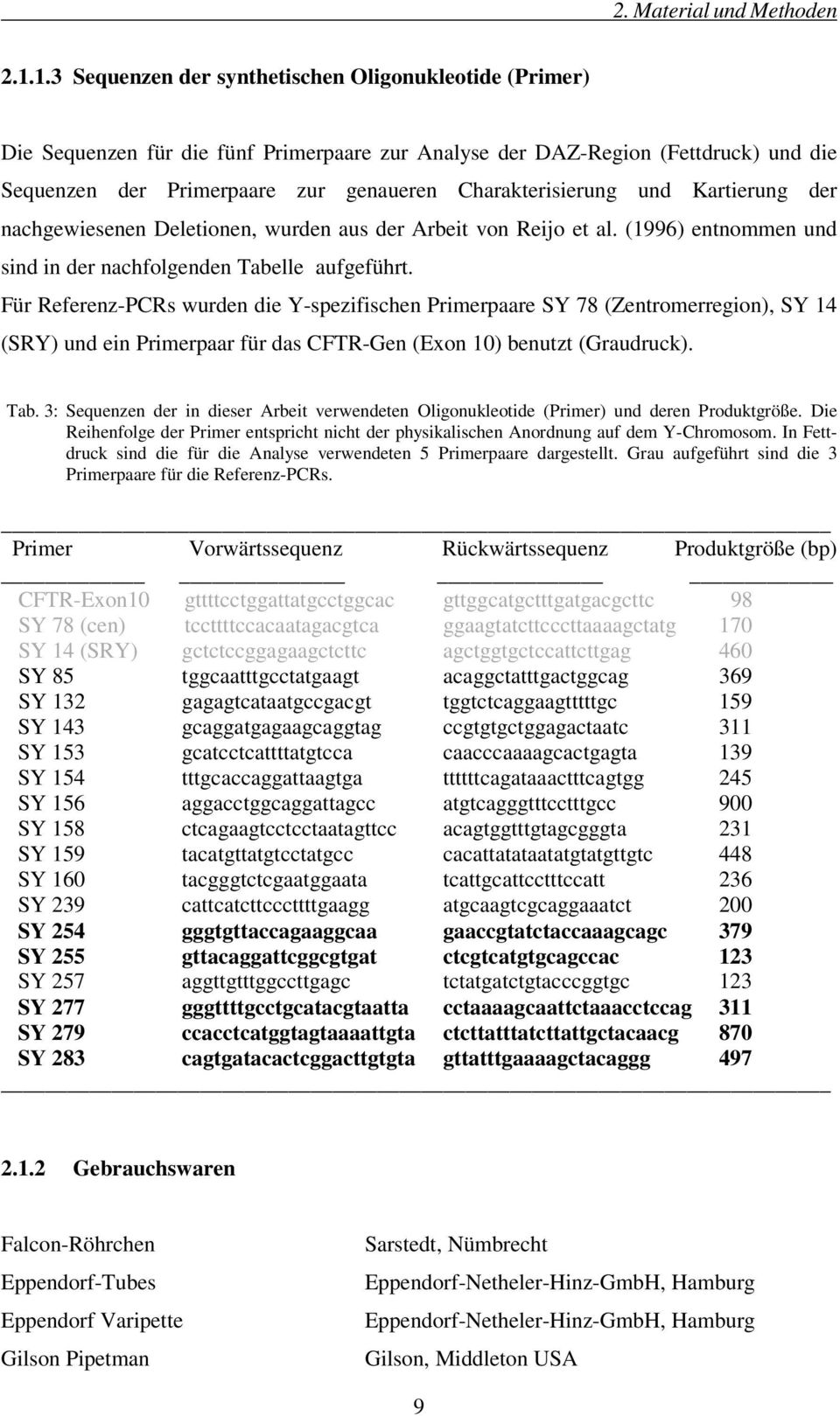 Charakterisierung und Kartierung der nachgewiesenen Deletionen, wurden aus der Arbeit von Reijo et al. (1996) entnommen und sind in der nachfolgenden Tabelle aufgeführt.