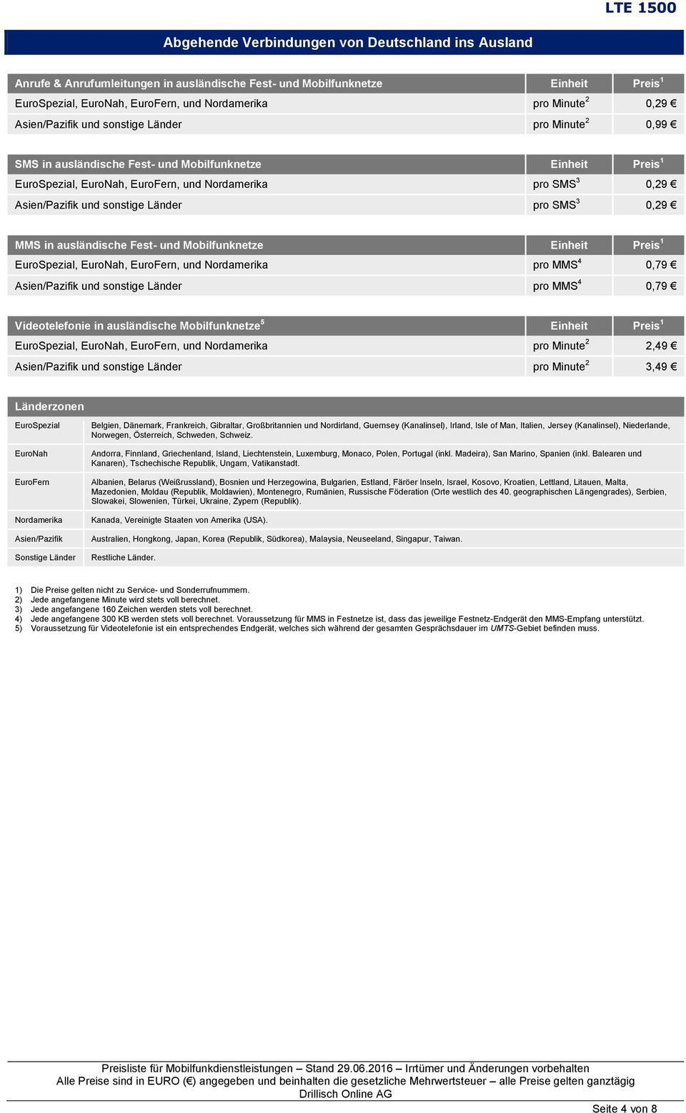 sonstige Länder pro SMS 3 0,29 MMS in ausländische Fest- und Mobilfunknetze Einheit Preis 1 EuroSpezial, EuroNah, EuroFern, und Nordamerika pro MMS 4 0,79 Asien/Pazifik und sonstige Länder pro MMS 4