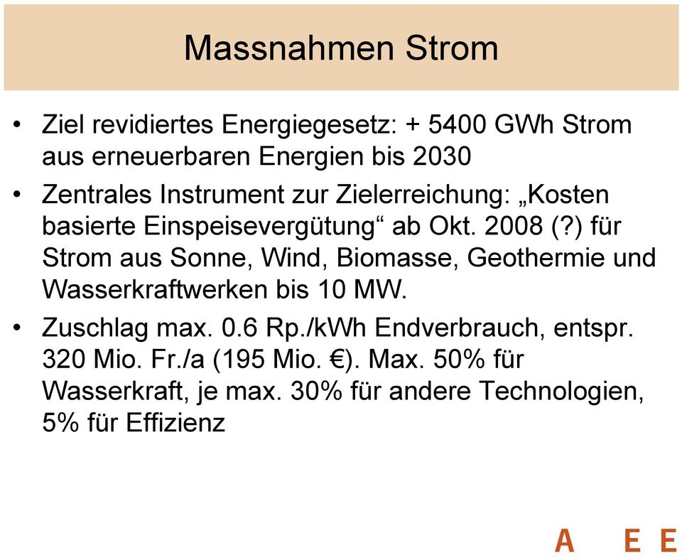 ) für Strom aus Sonne, Wind, Biomasse, Geothermie und Wasserkraftwerken bis 10 MW. Zuschlag max. 0.6 Rp.