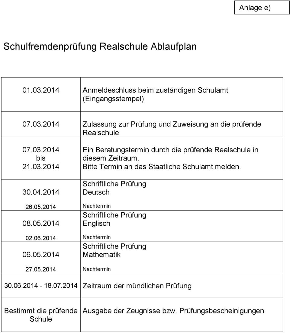 Bitte Termin an das Staatliche Schulamt melden. Deutsch Englisch Mathematik 30.06.2014-18.07.