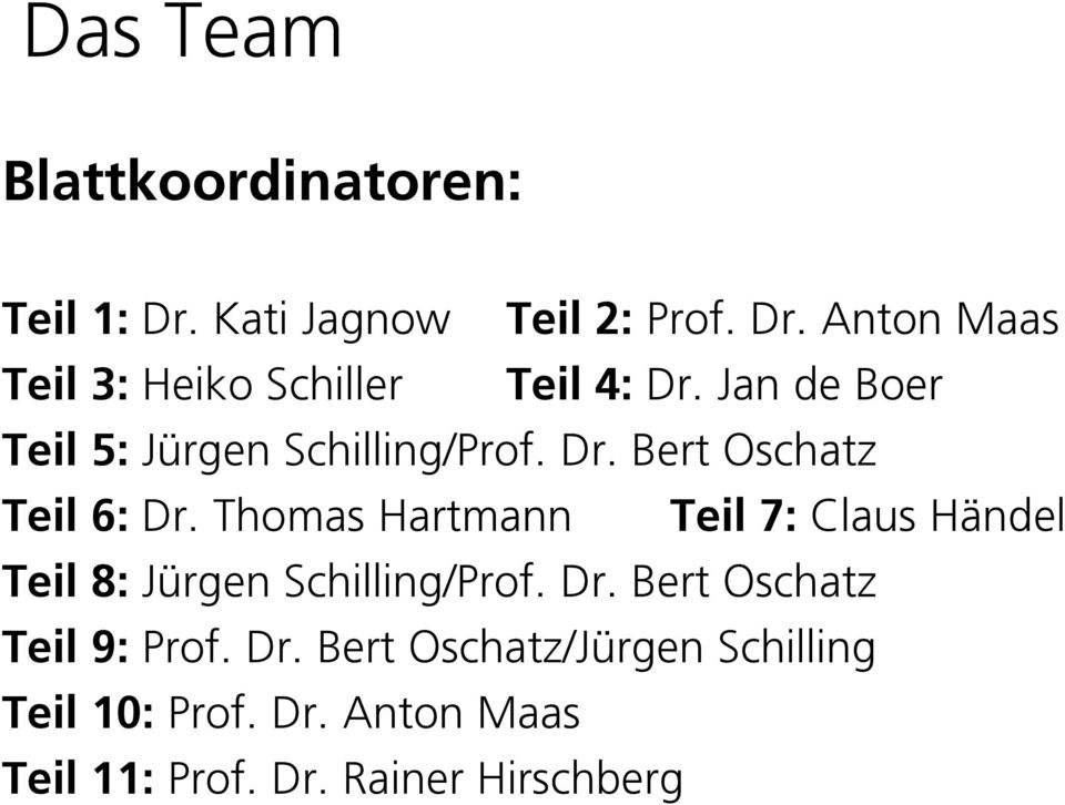 Thomas Hartmann Teil 7: Claus Händel Teil 8: Jürgen Schilling/Prof. Dr.